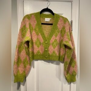 Lush Size S Pink Green Argyle Cropped Button Front Knit Cardigan Sweater